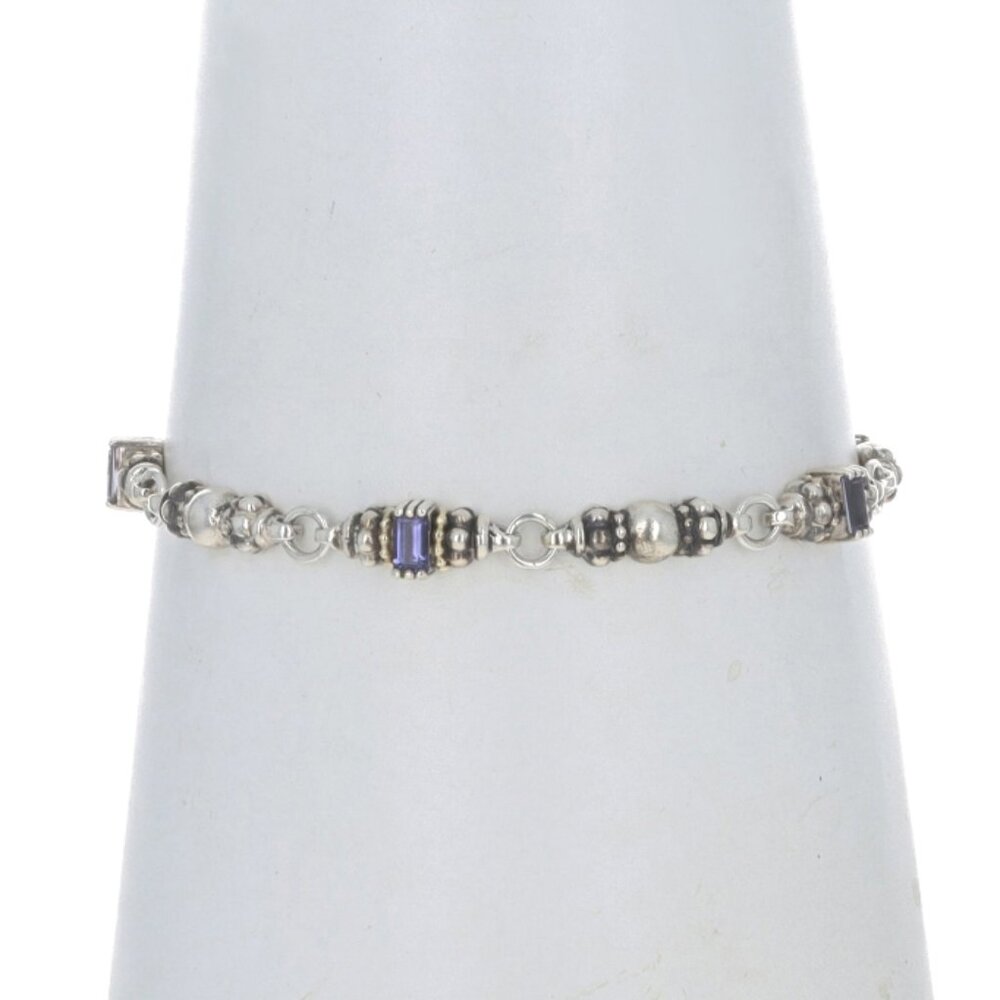 Logos Caviar Iolite Link Bracelet 7 1/2" - Sterling 925 Yellow Gold 18k Baguette
